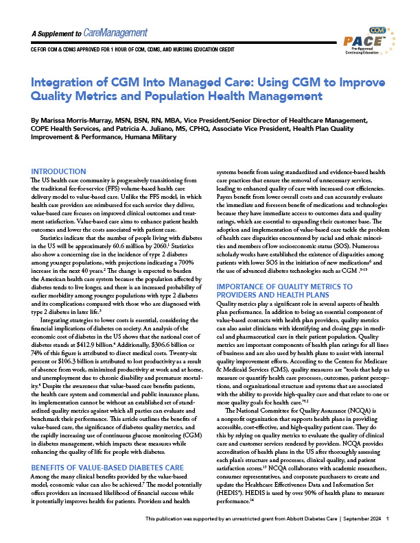 Integration of CGM Into Managed Care: Using CGM to Improve Quality Metrics and Population Health Management